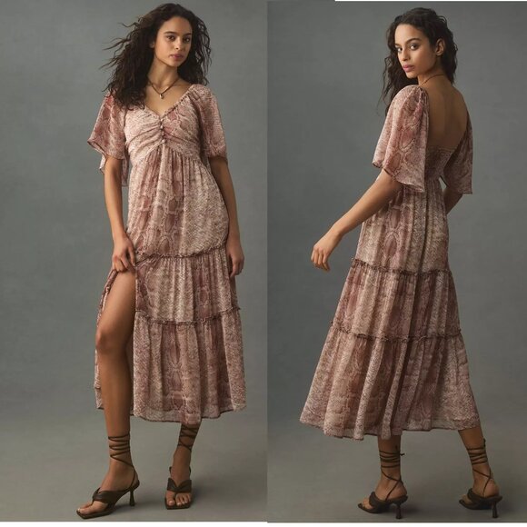 Anthropologie Dresses & Skirts - By Anthropologie Short-Sleeve Tiered Midi Dress size M new neutral color